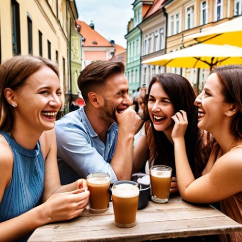 Social Connection Reclaimed**

Prompt:  *A group of friends laughing together at an outdoor cafe in Warsaw, Poland. Phones are absent. Focus on genuine smiles, eye contact, and the vibrant atmosphere of the cafe.  Warm, inviting lighting.*

**