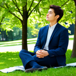 A serene young adult, male or female, in modest, comfortable attire, sitting quietly outdoors in a sunlit park, calmly observing nature with a peaceful expression. The individual is fully clothed, appropriate content, professional dress. The background features lush green trees and a gentle blue sky, conveying a sense of tranquility and deep connection to the present moment. Perfect anatomy, correct proportions, natural pose, well-formed hands, proper finger count, natural body proportions. Professional photography, high quality, soft natural light, safe for work, family-friendly.
