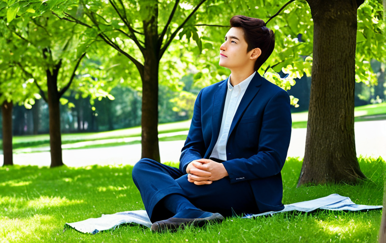 A serene young adult, male or female, in modest, comfortable attire, sitting quietly outdoors in a sunlit park, calmly observing nature with a peaceful expression. The individual is fully clothed, appropriate content, professional dress. The background features lush green trees and a gentle blue sky, conveying a sense of tranquility and deep connection to the present moment. Perfect anatomy, correct proportions, natural pose, well-formed hands, proper finger count, natural body proportions. Professional photography, high quality, soft natural light, safe for work, family-friendly.