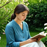 A serene woman in modest, comfortable attire, sitting peacefully in a sun-dappled, quiet garden. She is deeply engrossed in reading a physical book, her expression calm and reflective. The background features soft greenery and blooming flowers, conveying a sense of tranquility and disconnection from digital noise. The scene emphasizes mindfulness and inner peace. Perfect anatomy, correct proportions, natural pose, well-formed hands, proper finger count, natural body proportions. Safe for work, appropriate content, fully clothed, modest, professional photography, high quality.