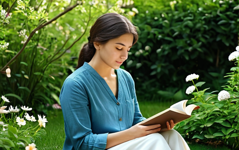 A serene woman in modest, comfortable attire, sitting peacefully in a sun-dappled, quiet garden. She is deeply engrossed in reading a physical book, her expression calm and reflective. The background features soft greenery and blooming flowers, conveying a sense of tranquility and disconnection from digital noise. The scene emphasizes mindfulness and inner peace. Perfect anatomy, correct proportions, natural pose, well-formed hands, proper finger count, natural body proportions. Safe for work, appropriate content, fully clothed, modest, professional photography, high quality.