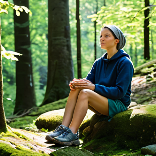 A peaceful adult woman, fully clothed in modest outdoor attire suitable for hiking, sits calmly on a mossy rock in a serene Bieszczady mountain forest. Sunlight filters through the dense tree canopy, illuminating the quiet, untouched nature. The scene conveys deep tranquility and mental clarity, with a natural pose and correct proportions. Appropriate attire, safe for work, perfect anatomy, well-formed hands, proper finger count, natural body proportions, professional photography, high quality, family-friendly content.
