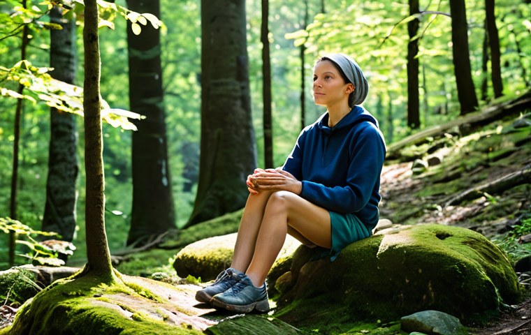 A peaceful adult woman, fully clothed in modest outdoor attire suitable for hiking, sits calmly on a mossy rock in a serene Bieszczady mountain forest. Sunlight filters through the dense tree canopy, illuminating the quiet, untouched nature. The scene conveys deep tranquility and mental clarity, with a natural pose and correct proportions. Appropriate attire, safe for work, perfect anatomy, well-formed hands, proper finger count, natural body proportions, professional photography, high quality, family-friendly content.