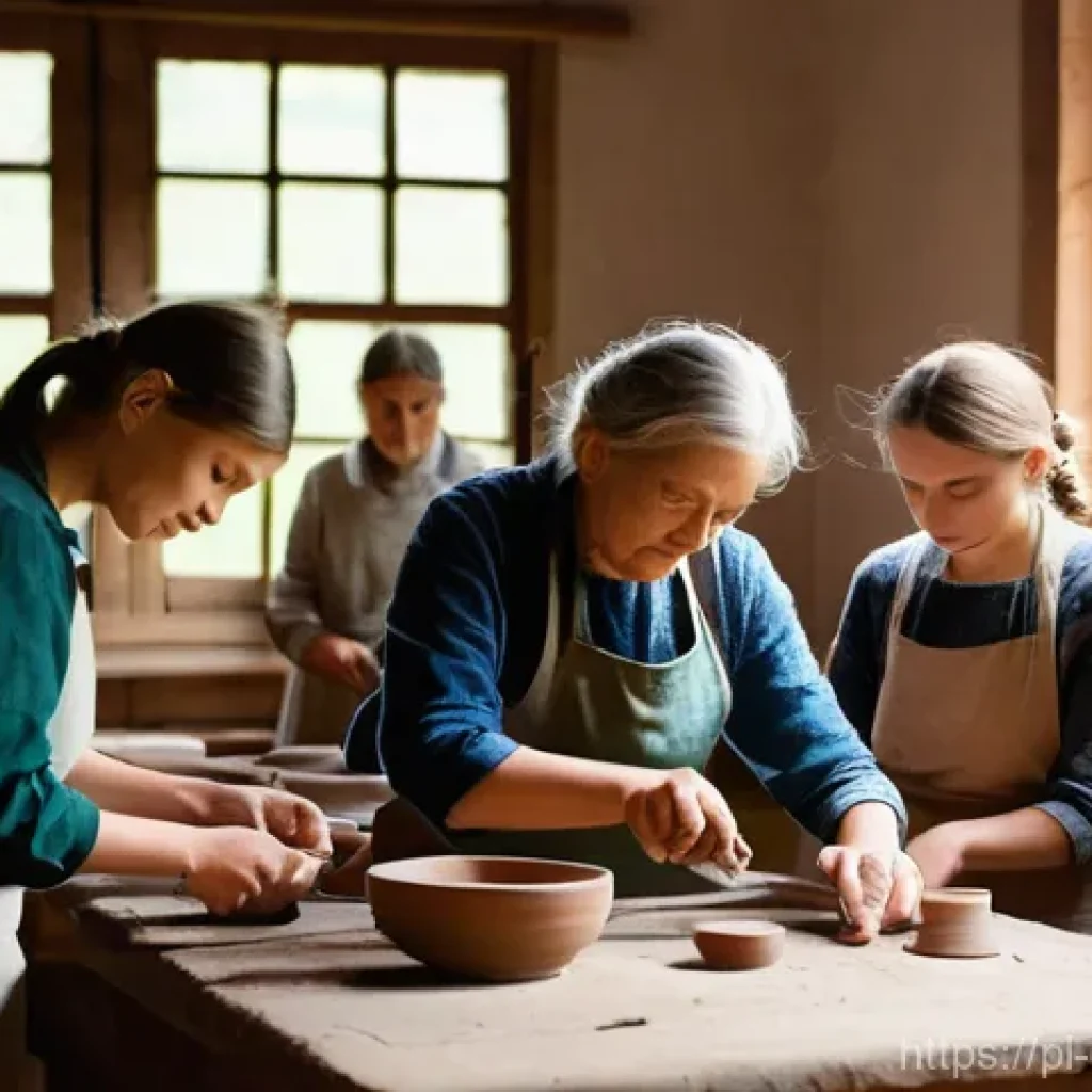 디지털 디톡스 캠프의 문화적 접근 - **Prompt:** A serene and rustic Polish craftsmanship workshop. A diverse group of adults and older t...