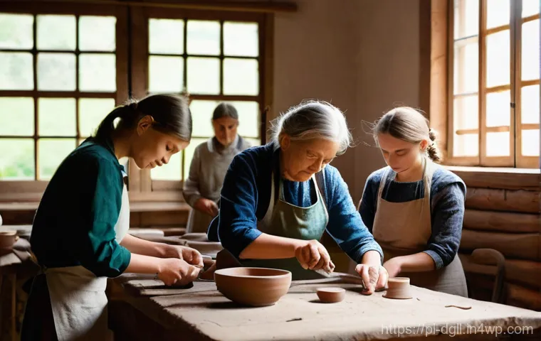 디지털 디톡스 캠프의 문화적 접근 - **Prompt:** A serene and rustic Polish craftsmanship workshop. A diverse group of adults and older t...