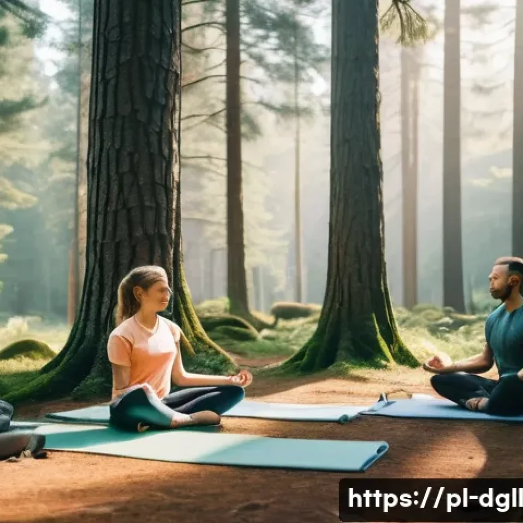 디지털 디톡스 캠프 나만의 비전 설정하기 - A serene digital detox camp scene set in a lush Polish forest during early morning light, featuring ...