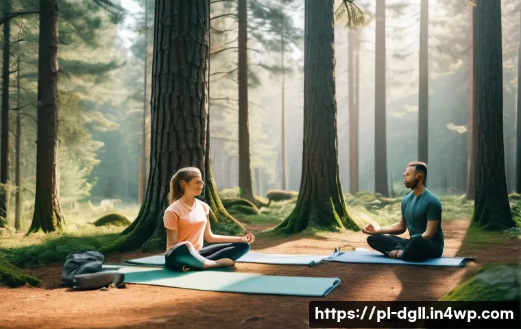 디지털 디톡스 캠프 나만의 비전 설정하기 - A serene digital detox camp scene set in a lush Polish forest during early morning light, featuring ...