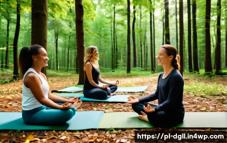 디지털 디톡스 캠프 친구 추천 프로그램 - A serene outdoor digital detox camp scene set in a lush Polish forest during early autumn, featuring...