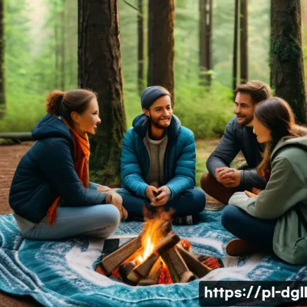 디지털 디톡스 캠프에서의 소셜 스킬 향상 - A serene outdoor digital detox camp scene set in a lush Polish forest during early autumn, featuring...