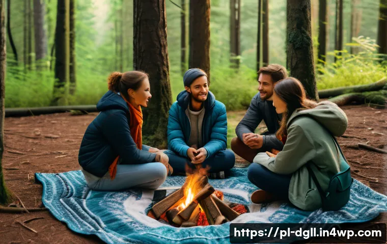 디지털 디톡스 캠프에서의 소셜 스킬 향상 - A serene outdoor digital detox camp scene set in a lush Polish forest during early autumn, featuring...