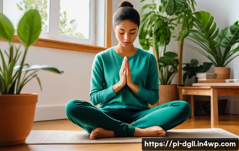 디지털 디톡스 캠프에서의 감정 코칭 - A serene indoor scene showing a young adult practicing deep diaphragmatic breathing for stress relie...