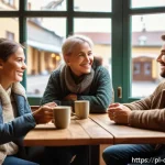 Home 22 디지털 디톡스 캠프에서의 문화 체험 - A warm, inviting scene of a small group of diverse adults engaging in a lively face-to-face conversa...