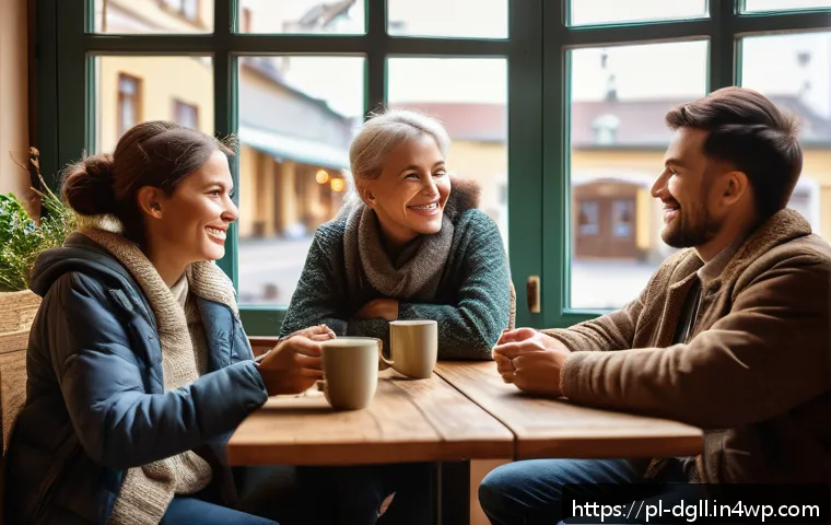 디지털 디톡스 캠프에서의 문화 체험 - A warm, inviting scene of a small group of diverse adults engaging in a lively face-to-face conversa...