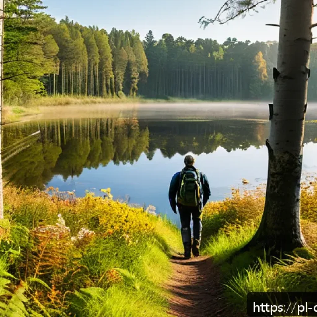 디지털 디톡스 캠프와 자연 치유의 관계 - A serene forest scene in the Polish Masurian Lake District during early autumn, with soft golden sun...