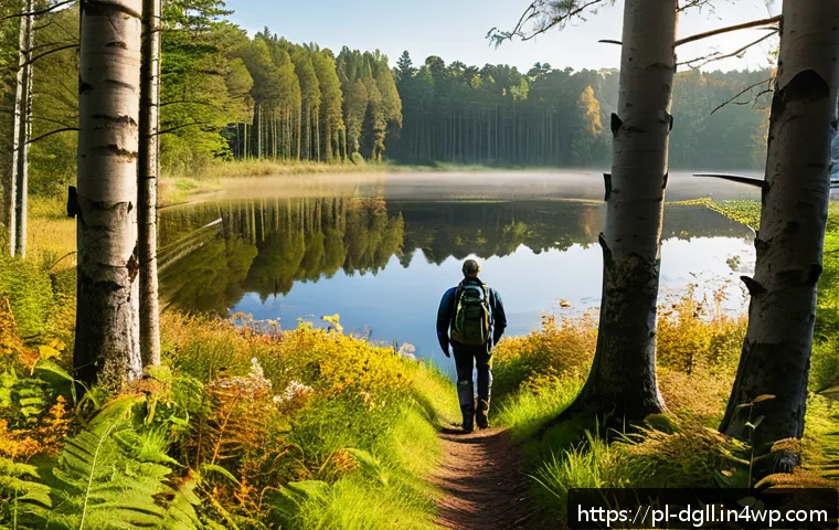디지털 디톡스 캠프와 자연 치유의 관계 - A serene forest scene in the Polish Masurian Lake District during early autumn, with soft golden sun...