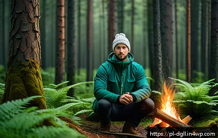 디지털 디톡스 캠프를 위한 준비물 체크리스트 - A cozy outdoor camping scene in a lush Polish forest during early autumn, featuring a person wearing...