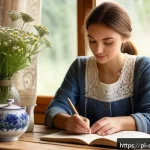 Home 19 디지털 디톡스 캠프에서의 감사 연습 - A serene morning scene in a cozy Polish countryside kitchen, featuring a young adult woman sitting p...