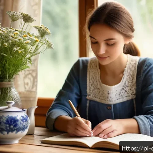 Home 31 디지털 디톡스 캠프에서의 감사 연습 - A serene morning scene in a cozy Polish countryside kitchen, featuring a young adult woman sitting p...