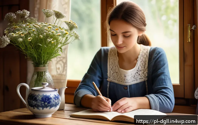 디지털 디톡스 캠프에서의 감사 연습 - A serene morning scene in a cozy Polish countryside kitchen, featuring a young adult woman sitting p...