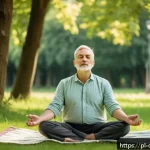 Home 18 디지털 디톡스 캠프 긍정적 사고의 힘 - A serene scene of a middle-aged Polish man practicing mindful breathing outdoors in a lush green par...
