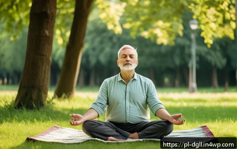 디지털 디톡스 캠프 긍정적 사고의 힘 - A serene scene of a middle-aged Polish man practicing mindful breathing outdoors in a lush green par...