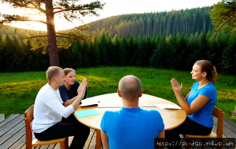 디지털 디톡스 캠프의 다양한 의견 수렴 방법 - Photorealistic digital detox camp discussion in a peaceful Polish countryside lodge, a diverse group...